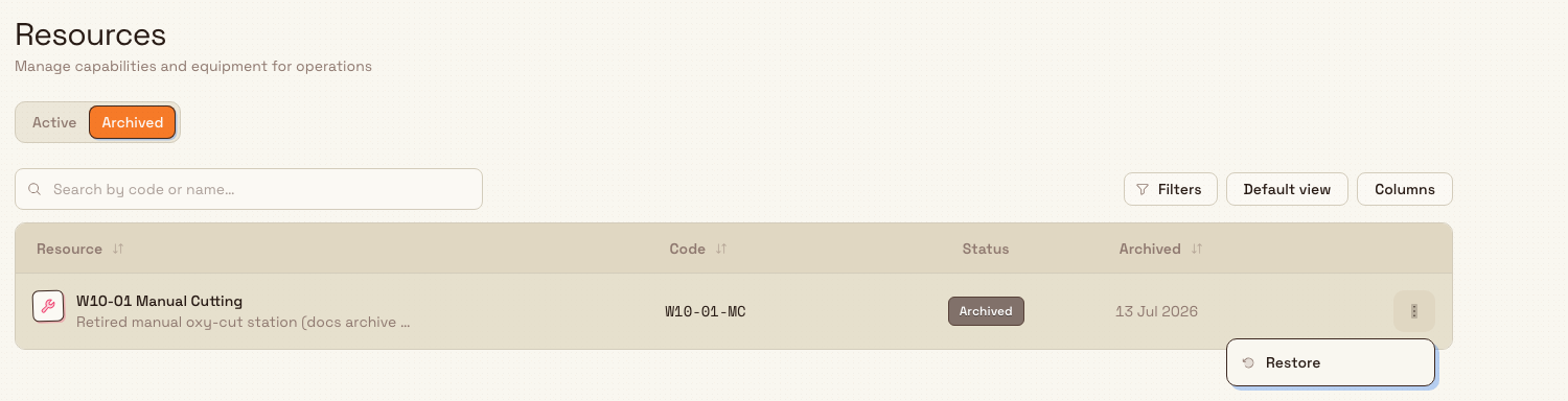 The Archived tab of the Resources page showing an archived resource with an Archived badge and a Restore action.