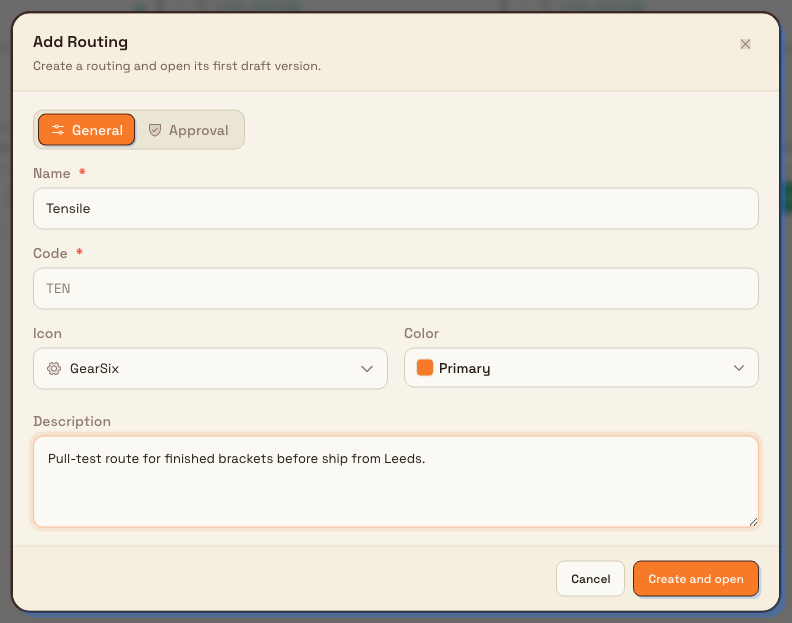 The Add Routing dialog on the General tab with name, auto-generated code, icon, color, and description fields.