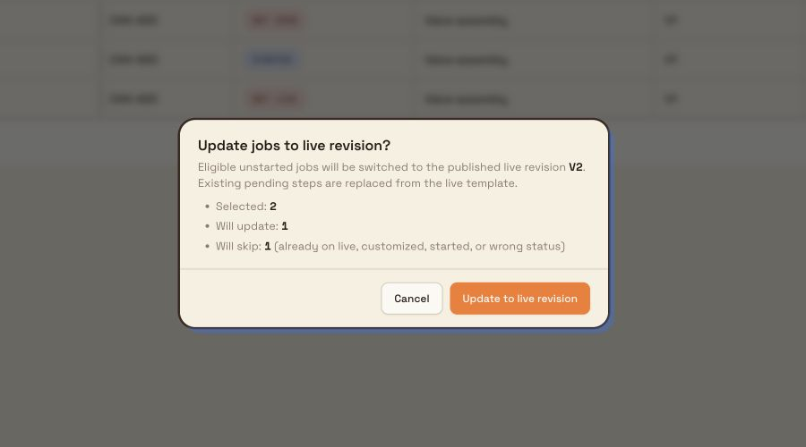 Update-to-live preview showing two selected jobs, one eligible update, and one skipped job.