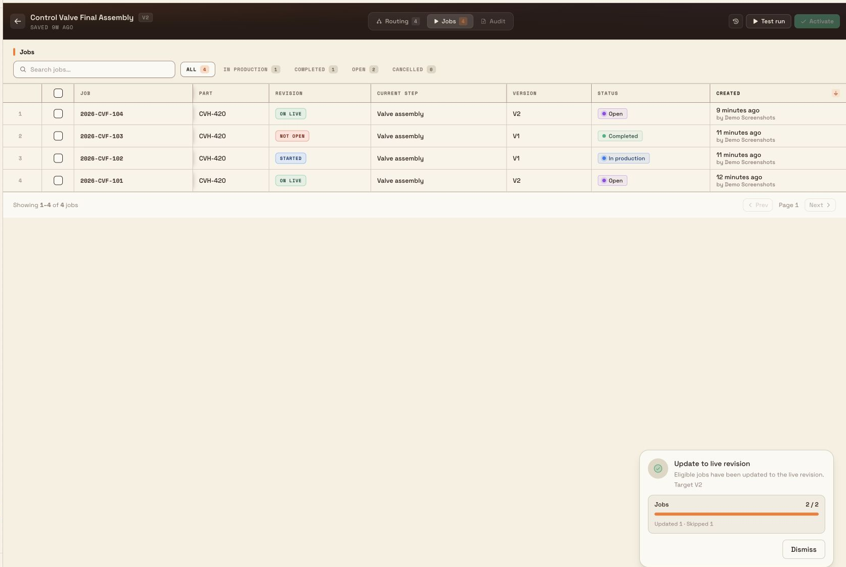 Routing Jobs tab showing V1 and V2 jobs with a completed update panel reporting one updated and one skipped.