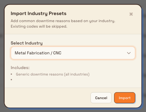 The Import Industry Presets dialog with Metal Fabrication / CNC selected.