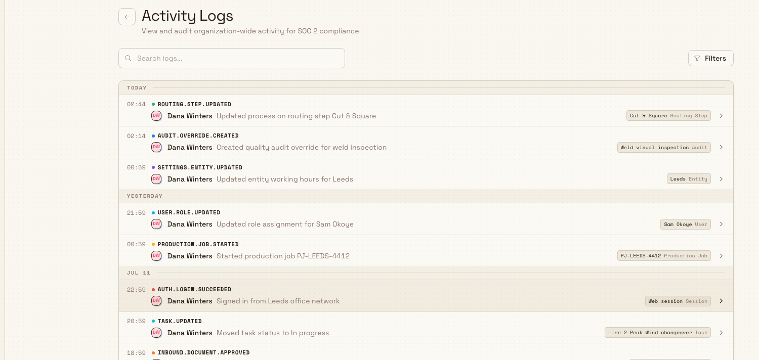 The Activity Logs page listing recent organization activity grouped by day, with a search box and Filters control above the list.