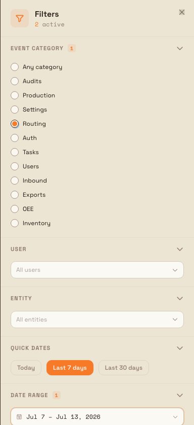 The Filters drawer for activity logs showing event category options, a user picker, quick date buttons, and a date range picker.