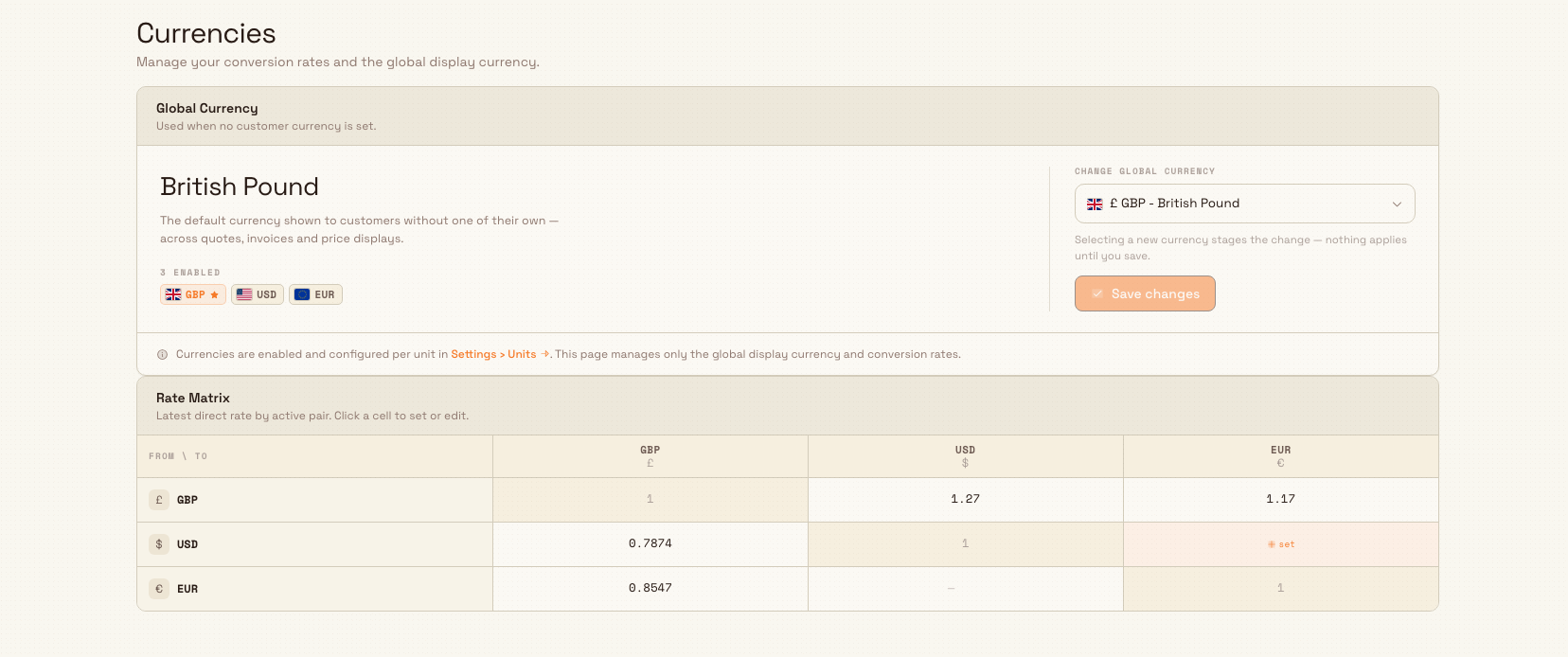 Currencies settings page showing the Global Currency card with GBP selected and a rate matrix of GBP, EUR and USD.