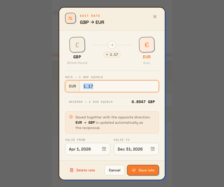 Rate dialog for converting GBP to EUR, showing an entered rate, its reverse value, and validity dates.