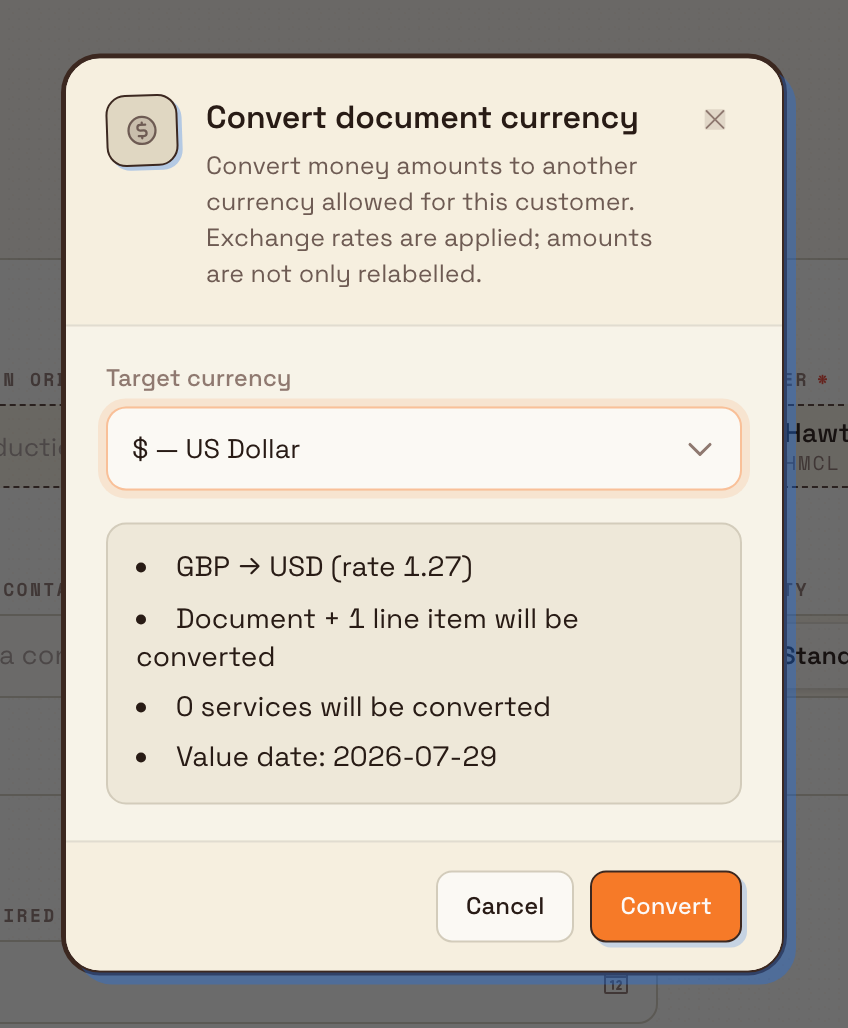 Convert document currency dialog previewing a GBP to USD conversion at rate 1.27 for one line item.