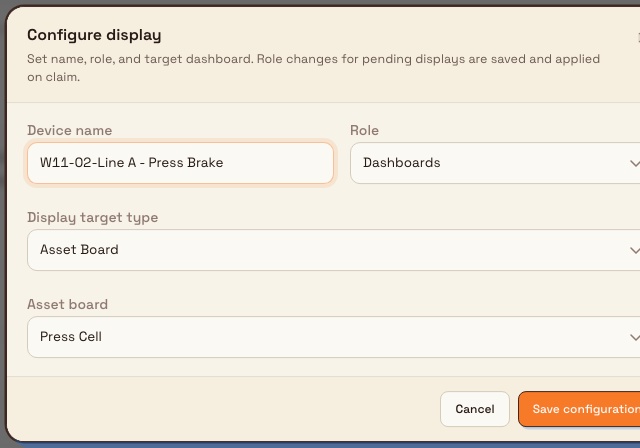 The Configure display dialog with device name, role, target type, and the selected asset board.