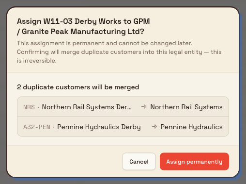 Confirmation dialog headed Assign plant to legal entity, warning the action is permanent and listing duplicate customers that will be merged.
