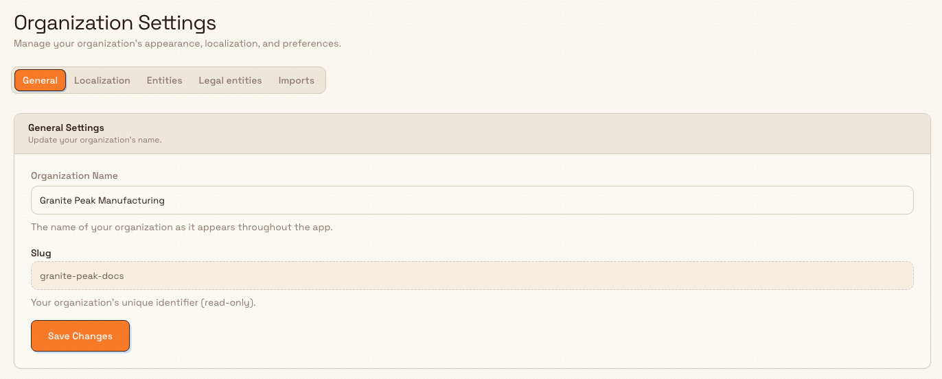 The Organization Settings page on the General tab with the organization name and read-only slug fields and a Save Changes button.