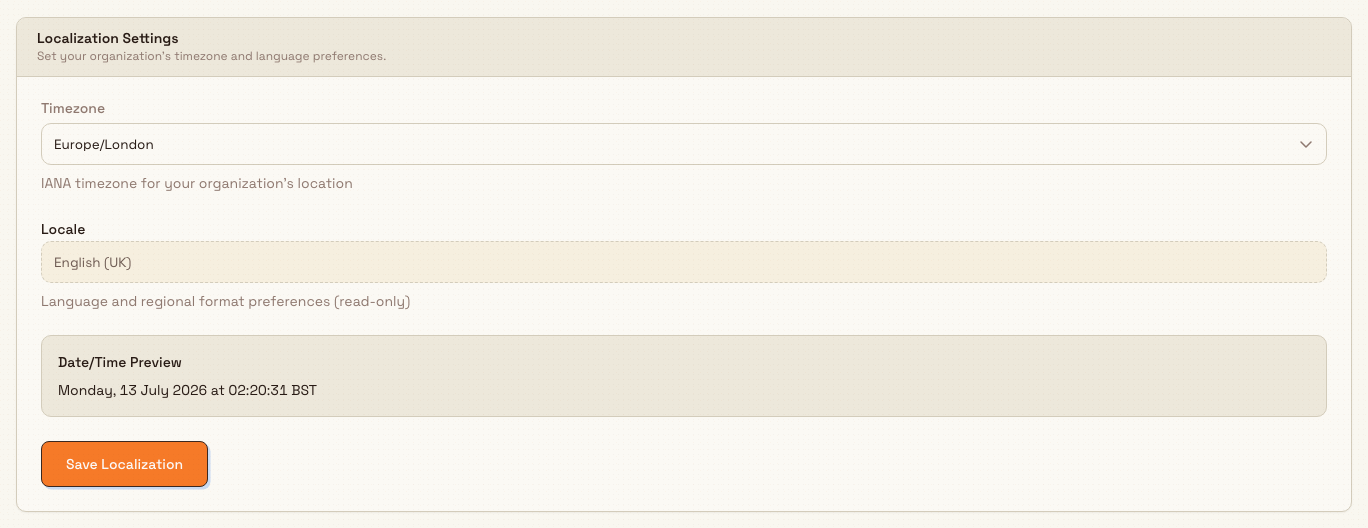 The Localization tab showing a timezone selector, a read-only English (UK) locale, and a live date and time preview.