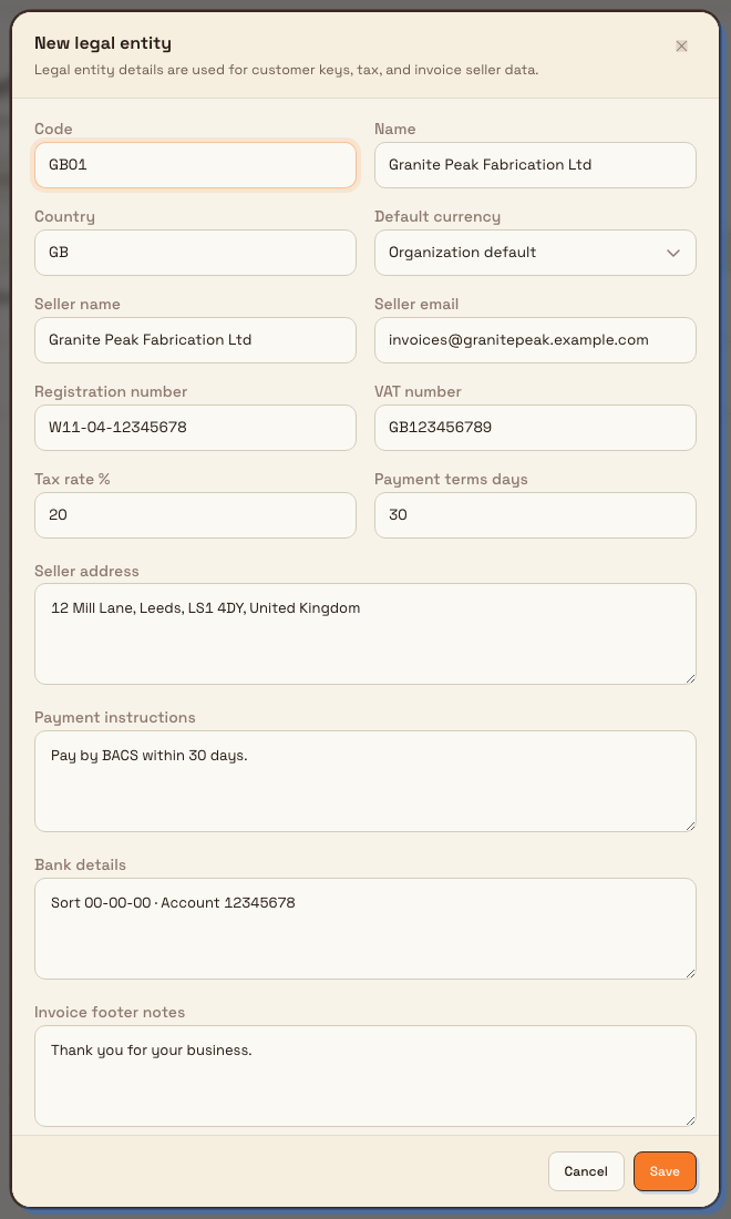The New legal entity dialog with code, name, country, currency, seller, and tax fields.