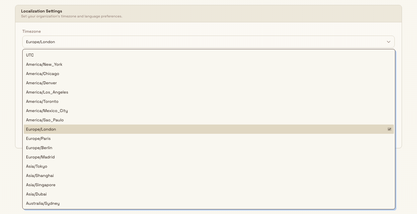 Open Timezone dropdown listing common IANA timezones such as UTC and Europe/London.