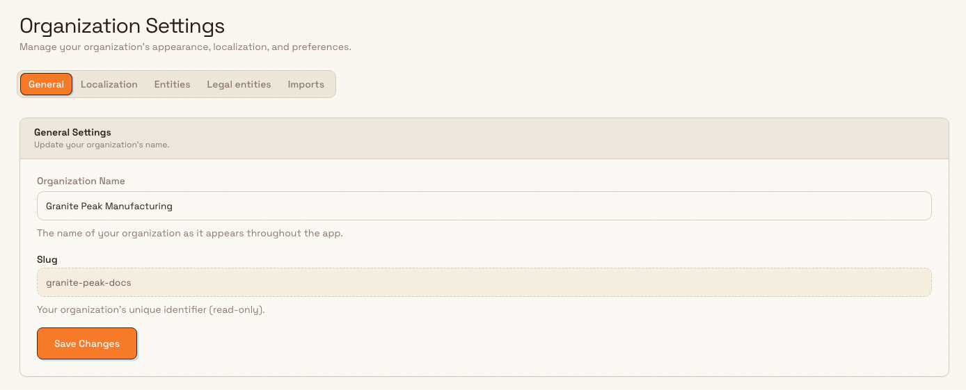 Organization Settings page showing the General, Localization, Entities, Legal entities, and Imports tabs with the Organization Name field.