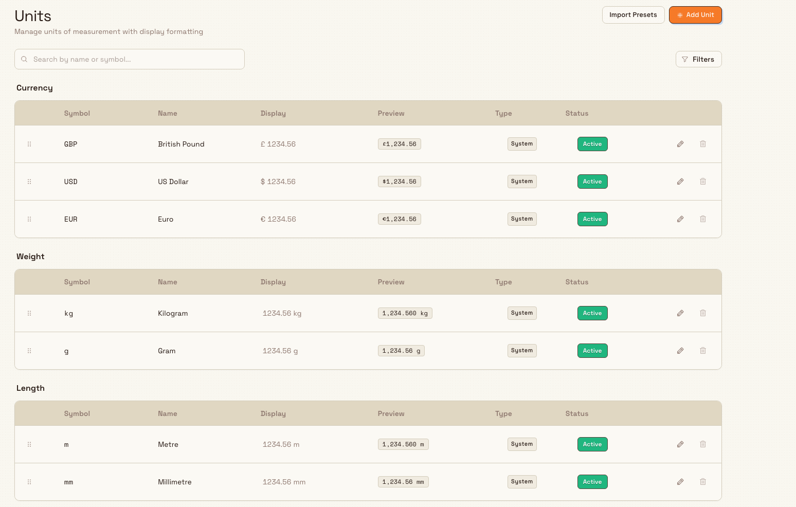 The Units settings page showing units grouped by category with symbol, name, preview, type, and status columns.