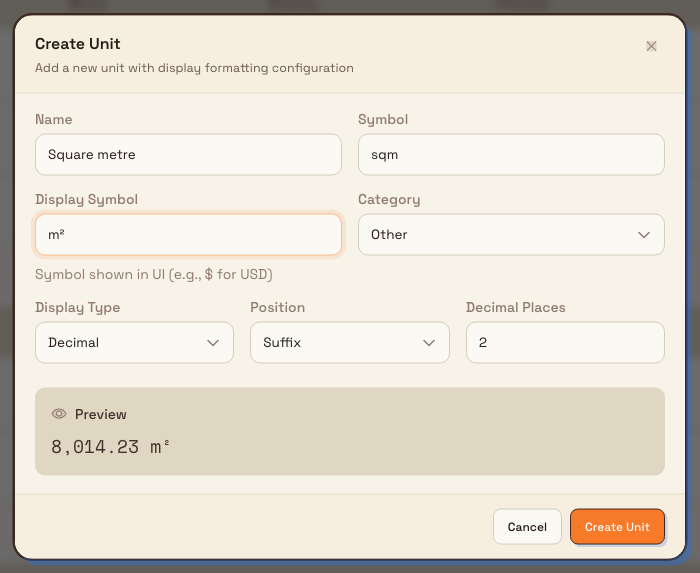 The Create Unit dialog with name, symbol, display symbol, category, display type, position, decimal places, and a live preview.