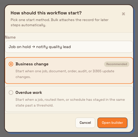 Create-workflow dialog asking how the workflow should start, with Business change selected.