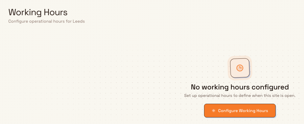 Working Hours page empty state with a clock icon, a 'No working hours configured' message, and a Configure Working Hours button.