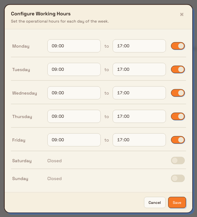Configure Working Hours dialog with Monday to Friday open and showing time fields, and Saturday and Sunday closed.