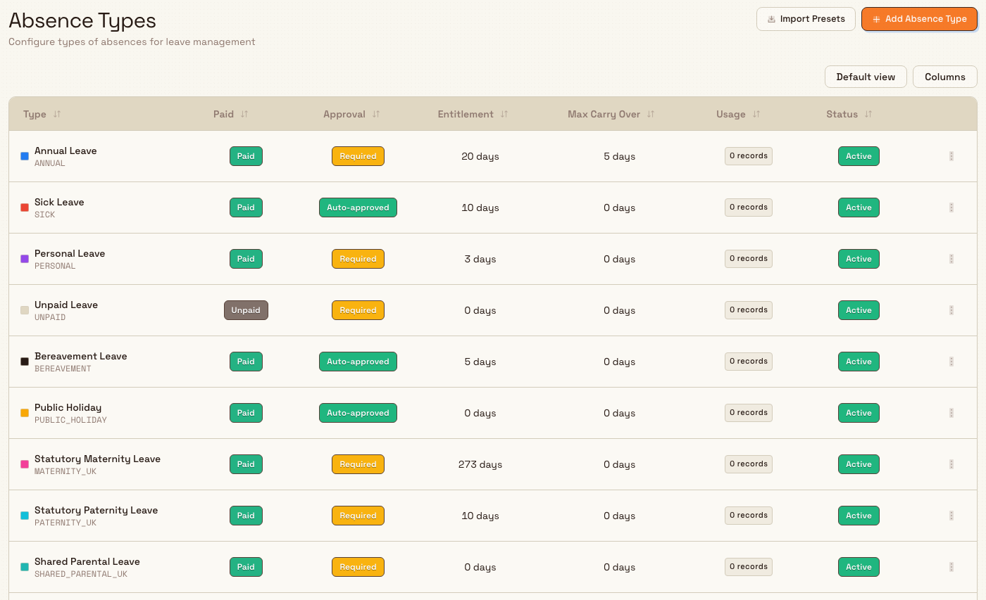 The Absence Types settings page listing leave categories with paid, approval, entitlement, and status columns.