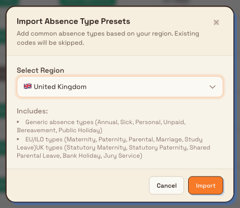 The Import Absence Type Presets dialog with United Kingdom selected and a summary of which types will be included.