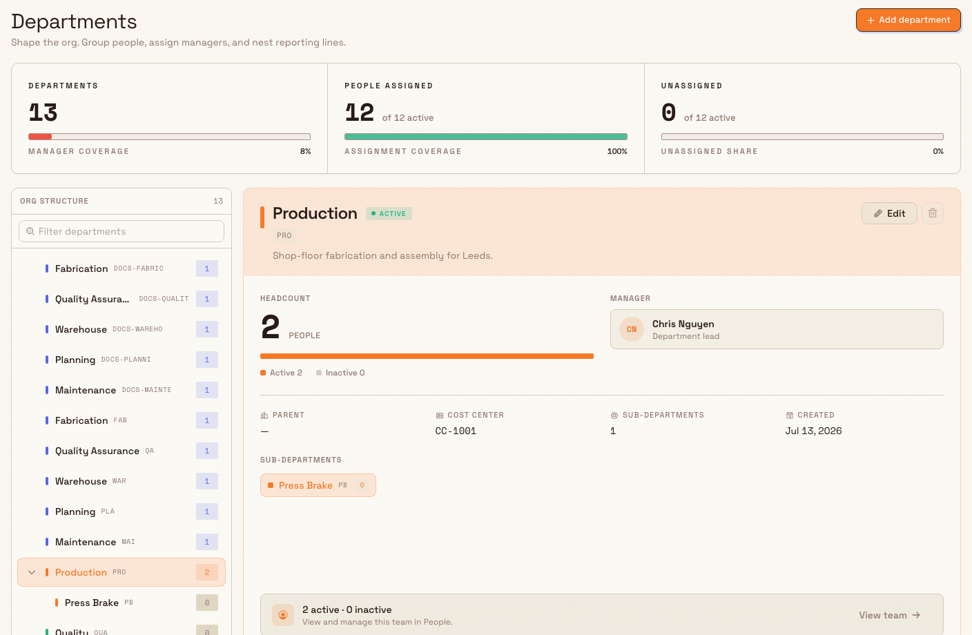 The Departments settings page showing the org structure rail and a selected department’s headcount and manager.