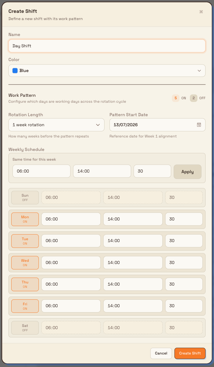 The Create Shift dialog with name, colour, and a weekly work-pattern editor for days and times.