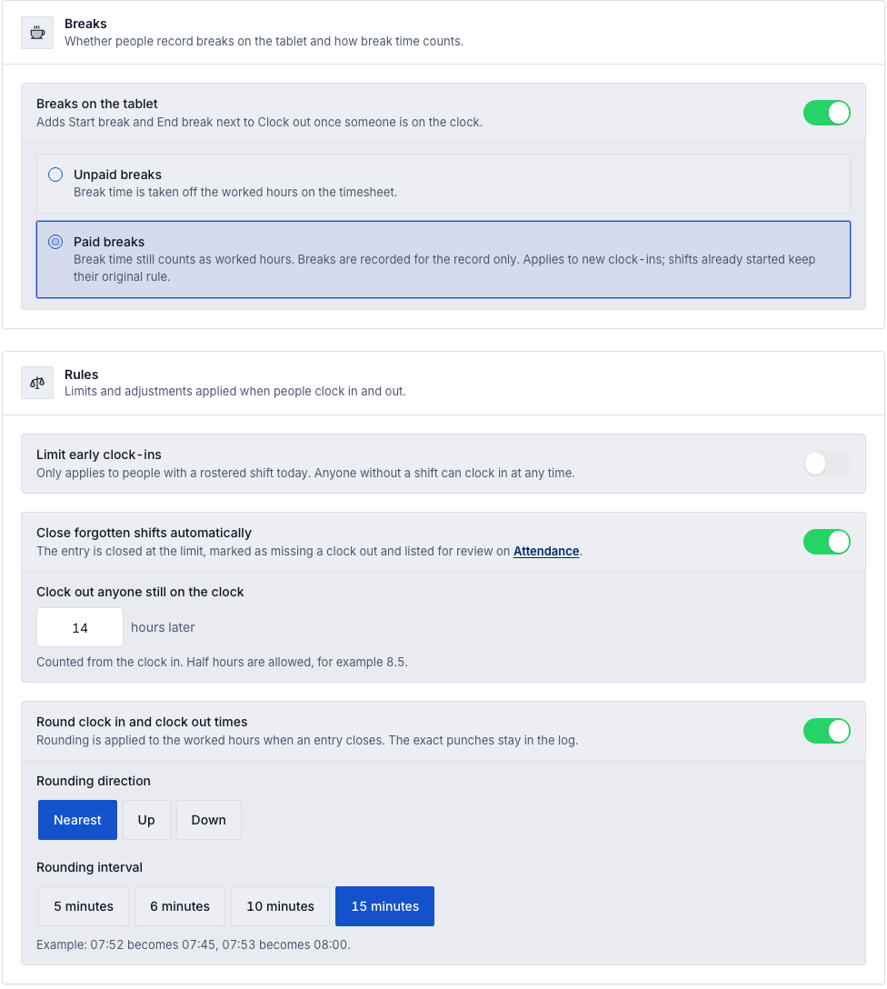 Break and clock rules with Paid breaks selected and rounding and auto clock-out controls visible.