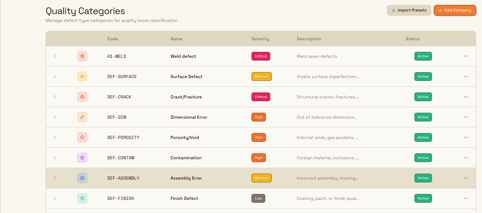 The Quality Categories settings page listing defect types with severity and status columns.