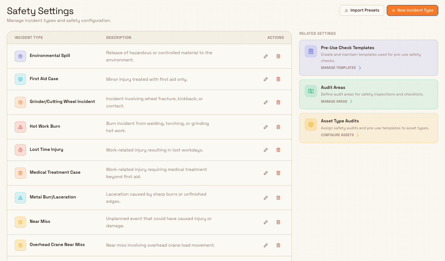The Safety Settings page listing incident types with descriptions and edit and delete actions.