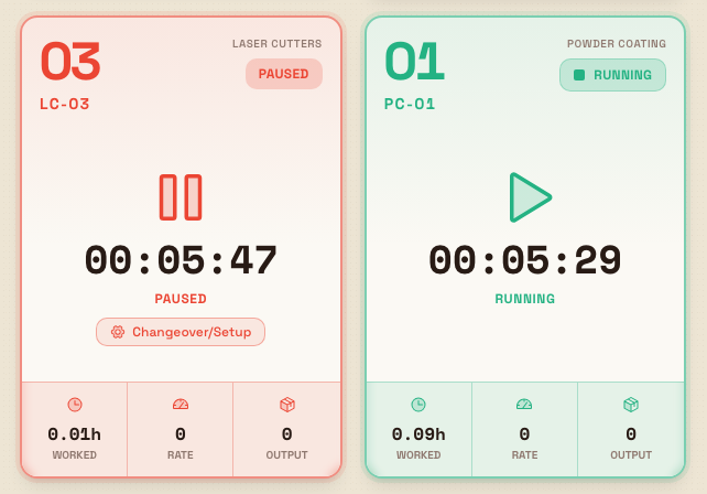 Two asset cards side by side: a green Running card and an amber Paused card showing a downtime reason and a footer with Worked, Rate, and Output figures.