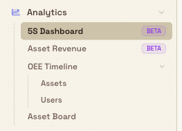 Expanded Analytics sidebar group listing 5S Dashboard and Asset Revenue with Beta badges, OEE Timeline with Assets and Users below it, and Asset Board.