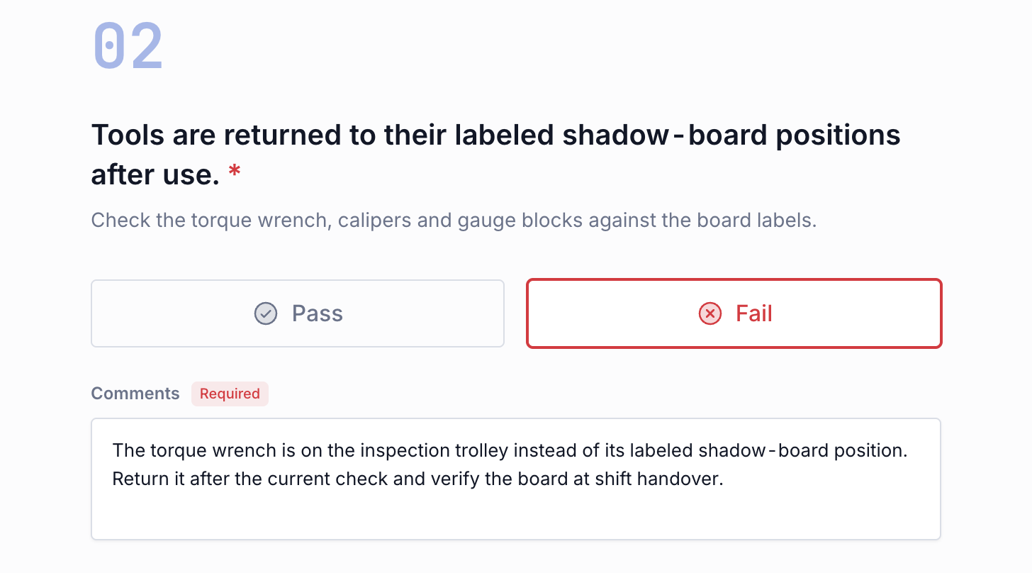 Failed tool-return check with a saved required comment about a misplaced torque wrench.