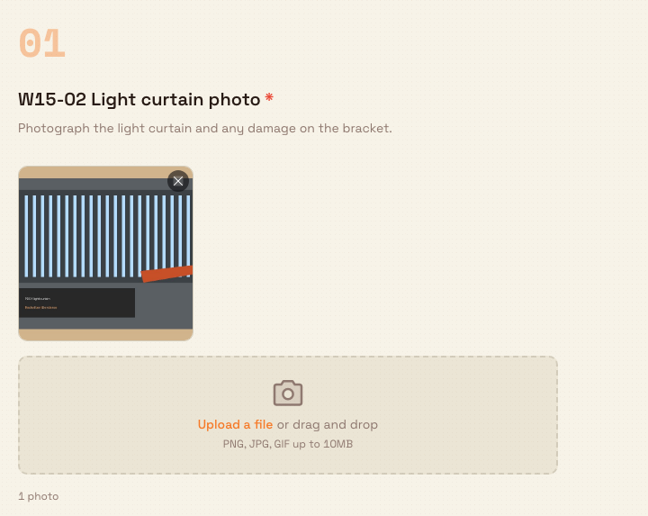 An audit item showing one attached photo thumbnail above a dashed upload area labelled Upload a file, or drag and drop, PNG, JPG, GIF up to 10MB.