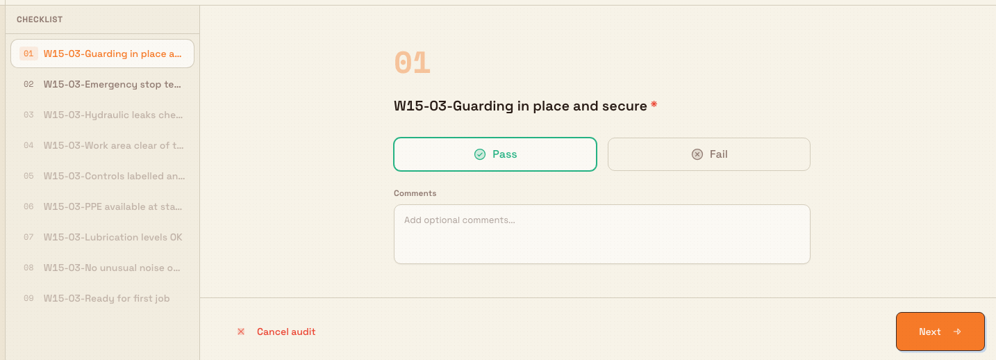 Audit execution screen with a numbered Pass/Fail question, a Checklist panel listing questions, and Previous and Next buttons in the footer.