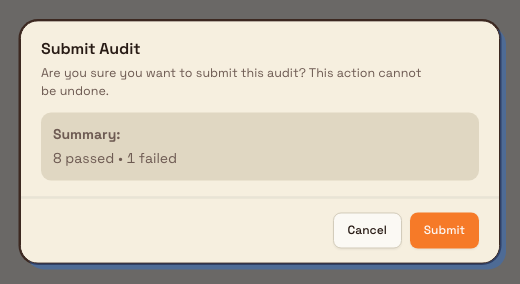 Submit Audit confirmation dialog showing a passed-and-failed summary and Cancel and Submit buttons.