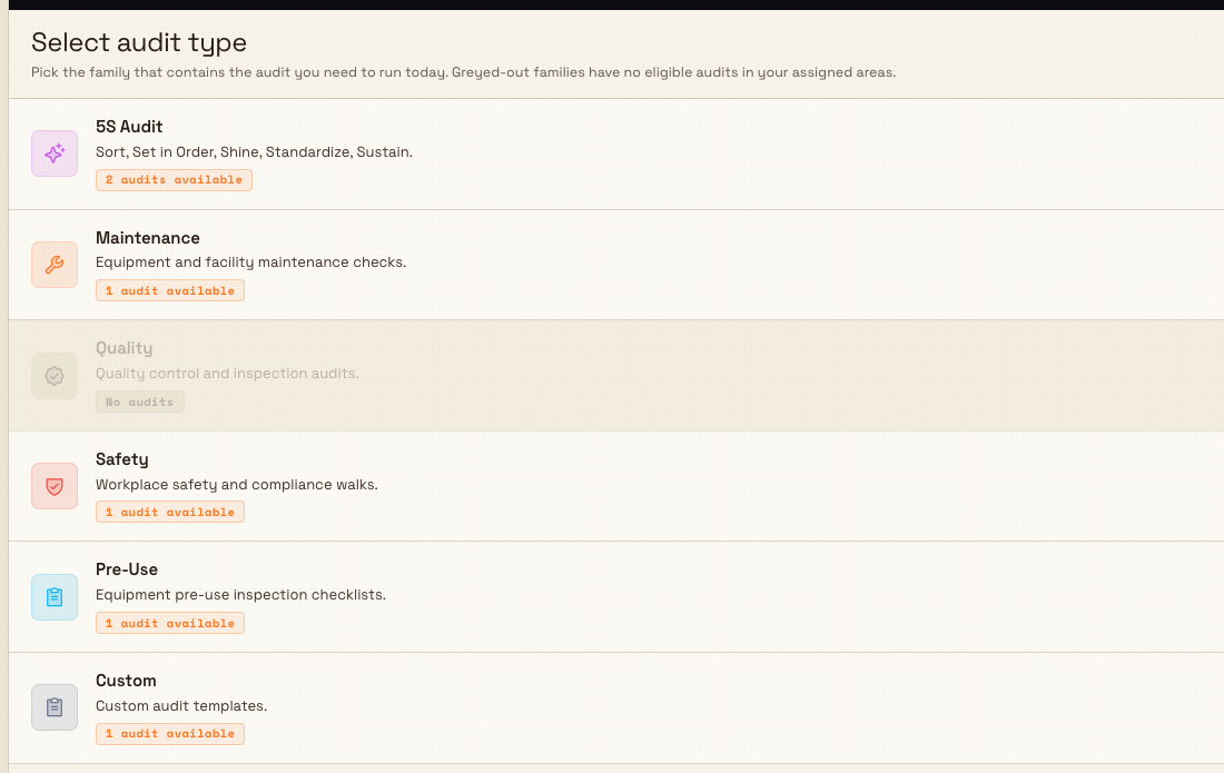 Start-an-audit type picker with the Custom family row shown among the six audit families.