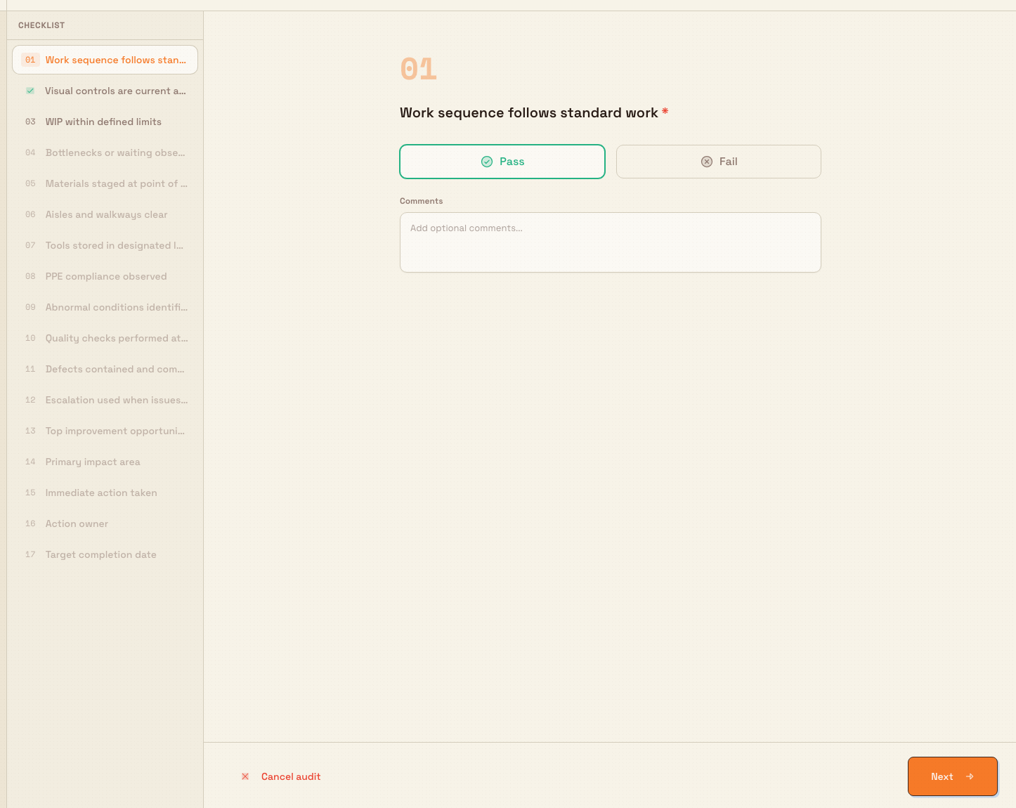 Custom audit wizard showing the section sidebar, the current question, and the navigation footer.