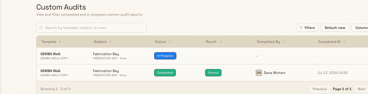 Custom Audits review list showing template, subject, status, result, and completion columns.