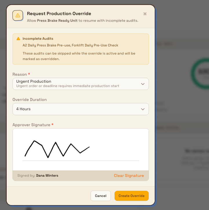 Request Production Override dialog with reason and duration selectors and a signature pad.