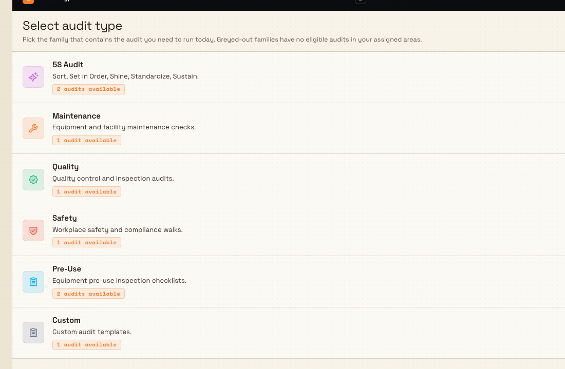 Start-an-audit type picker with the Quality family row highlighted among the audit families.