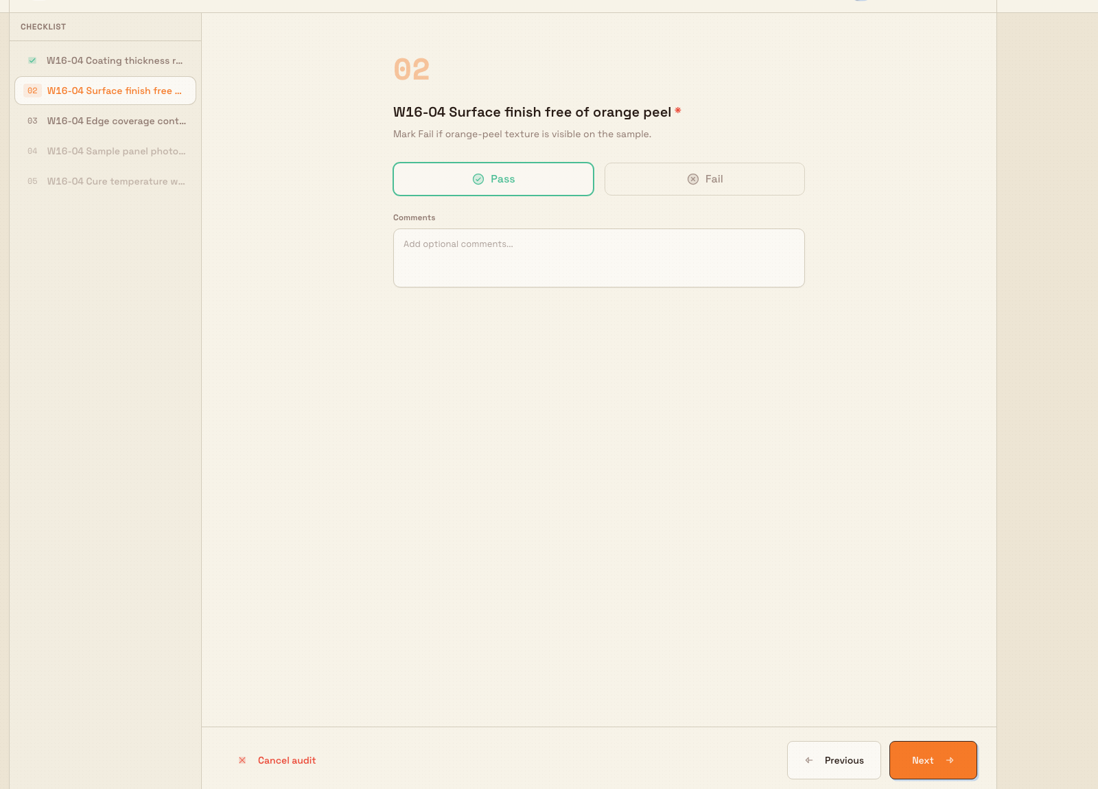 Quality audit wizard showing the checklist sidebar, the current question, and the navigation footer.