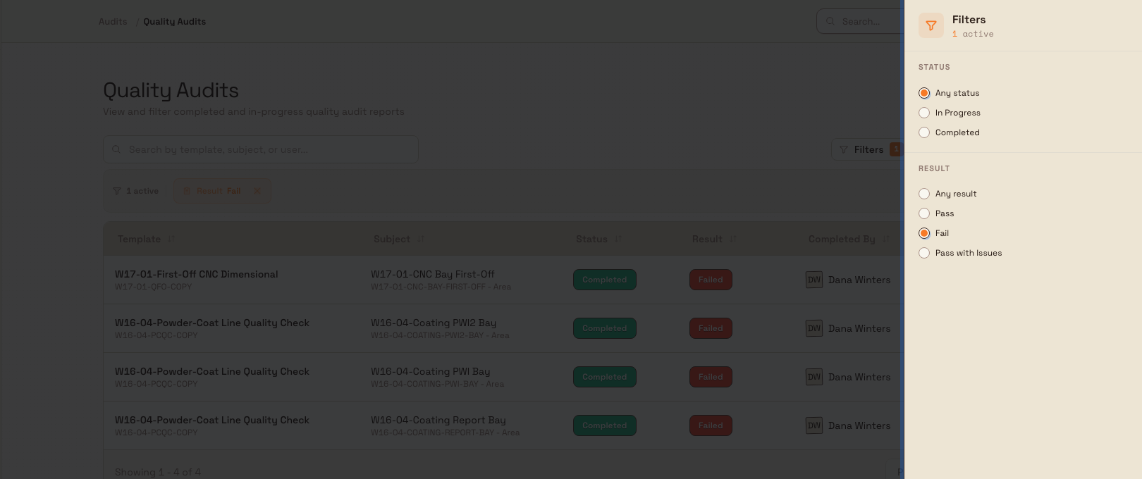 The Audits filter panel showing Status and Result options with Fail selected, and a matching filtered report list behind it.