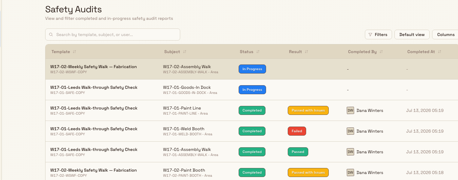 Safety Audits list showing completed reports with Pass, Fail, and Pass with Issues result badges across several areas.