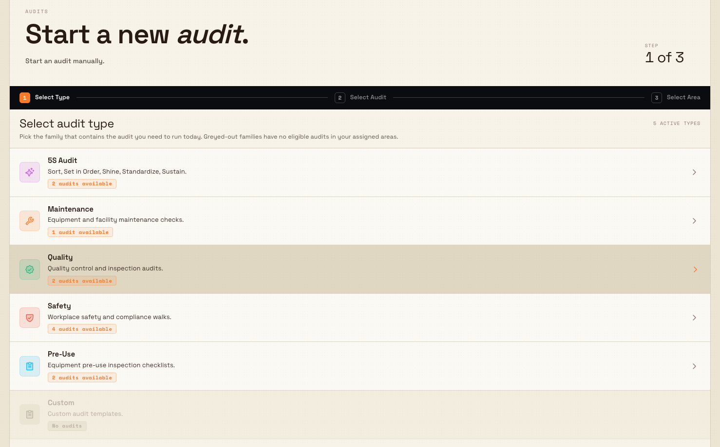 Step one of the start flow, Select Type, listing audit families with availability counts and some greyed out.
