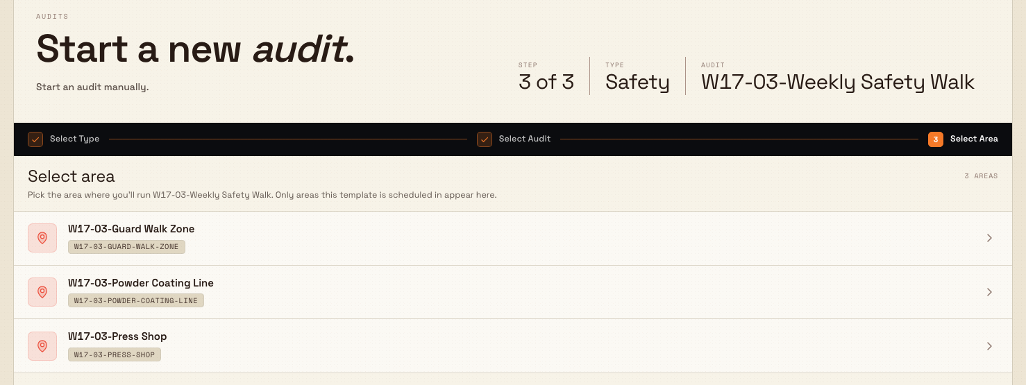 Step three of the start flow, Select Area, listing the areas a template is scheduled in, each with a code badge.