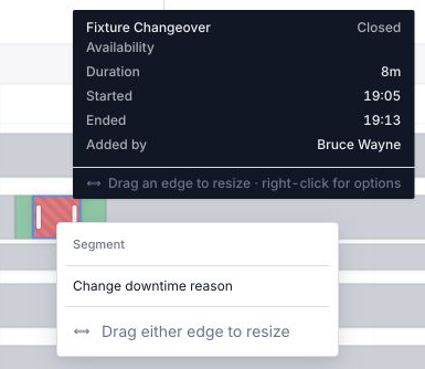 Selected closed Fixture Changeover with native reason-change menu and resize hint.