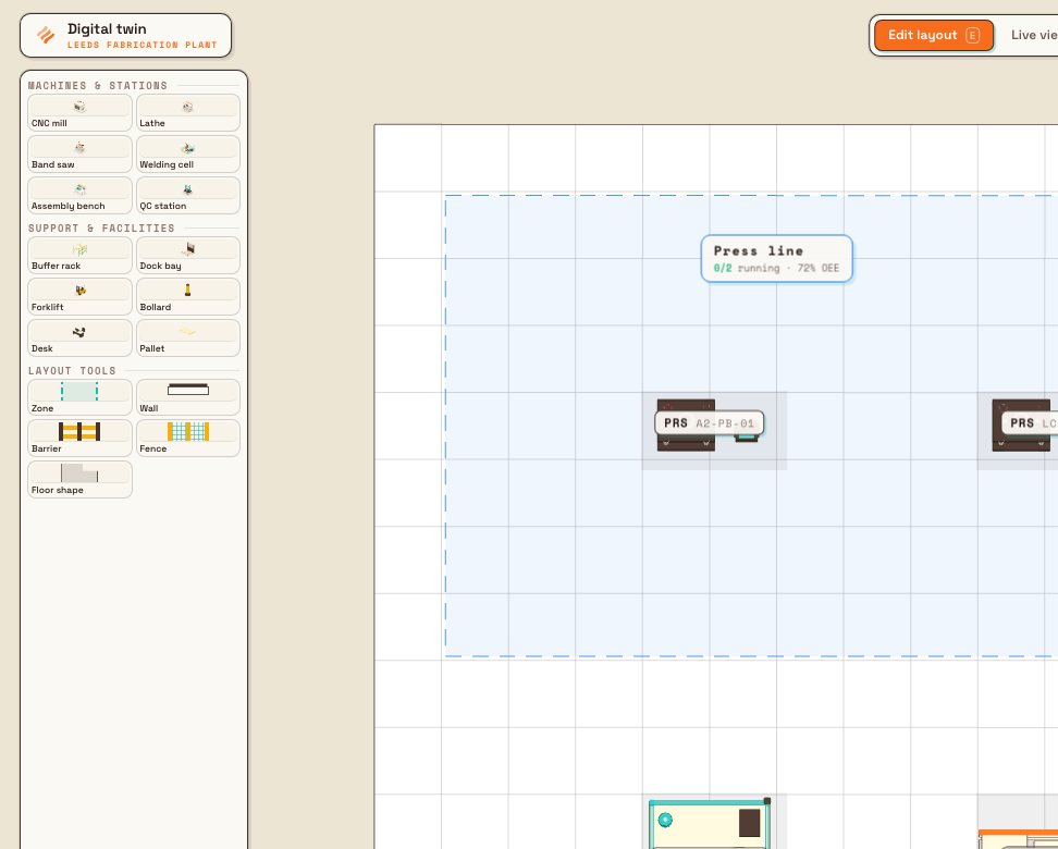 Edit-layout palette with Machines & stations, Support & facilities, and Layout tools sections over the factory floor.