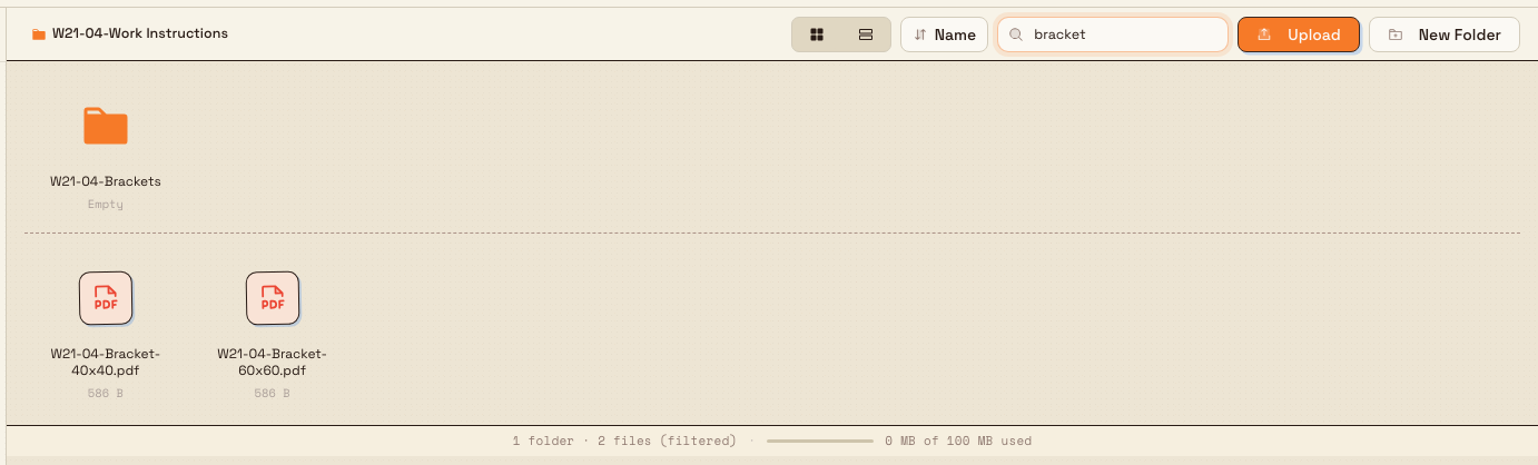 The Files area filtered by an in-folder search, with the status strip showing a filtered file count.