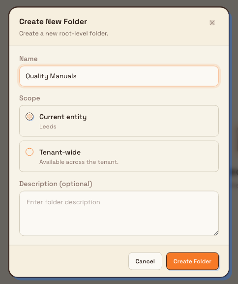 The Create New Folder dialog with a name entered and a scope choice between Current entity and Tenant-wide.
