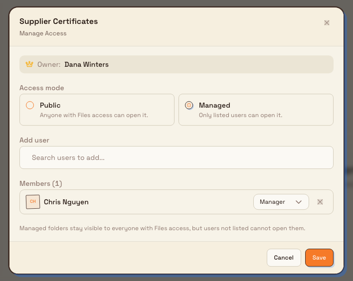 The Manage Access dialog with the access mode set to Managed and one member assigned the Manager permission.